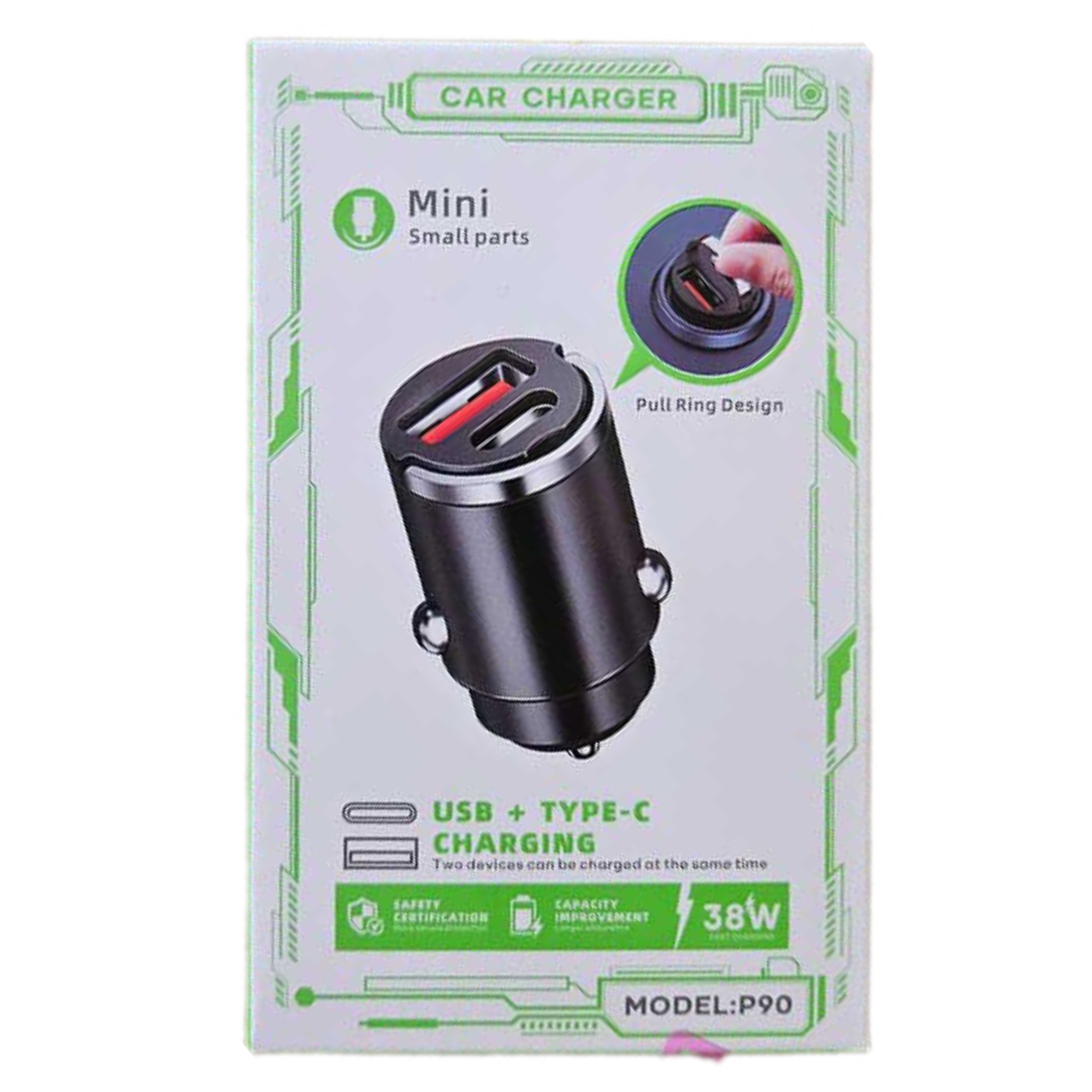 شارژر فندکی 38 وات 2 پورت فست شارژ مدل P90 تایپ‌ سی و یو اس‌ بی