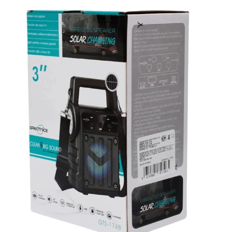 اسپیکر بلوتوثی قابل حمل گریت نایس GREATNIC مدل GTS-1748 با چراغ قوه و پنل شارژ خورشیدی