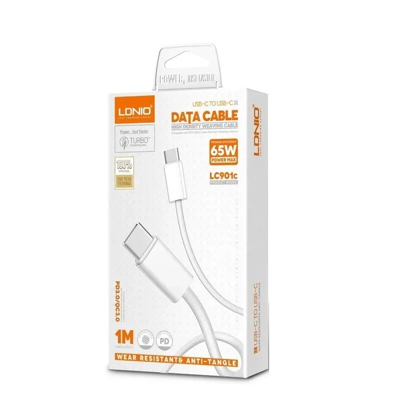 کابل تبدیل USB-C به USB-C الدینیو LDNIO مدل LC901C طول 1 متر 65 وات مناسب برای آیفون 15 به بالا